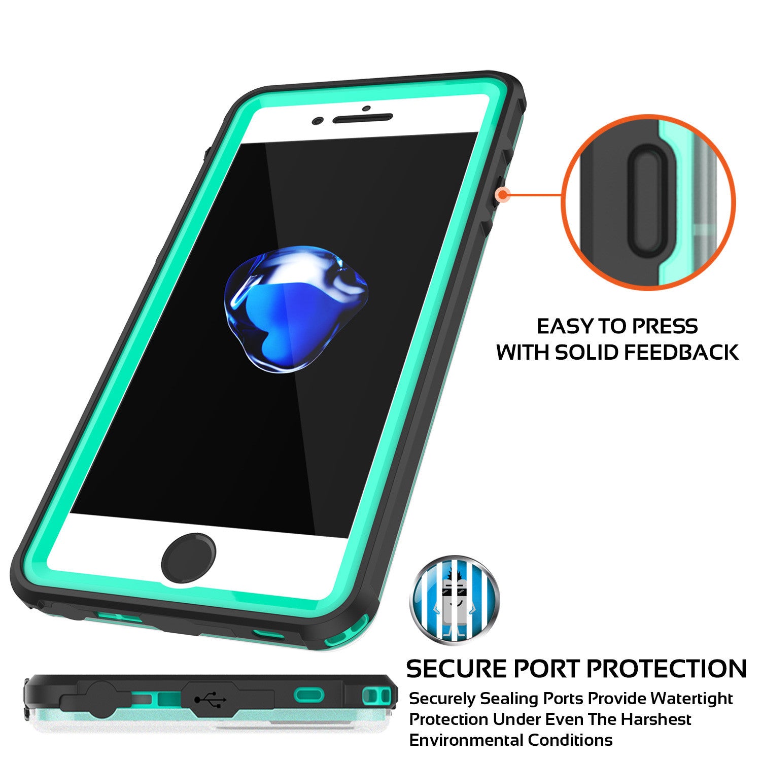 iPhone 7+ Plus Waterproof Case, PUNKcase CRYSTAL Teal W/ Attached Screen Protector | Warranty