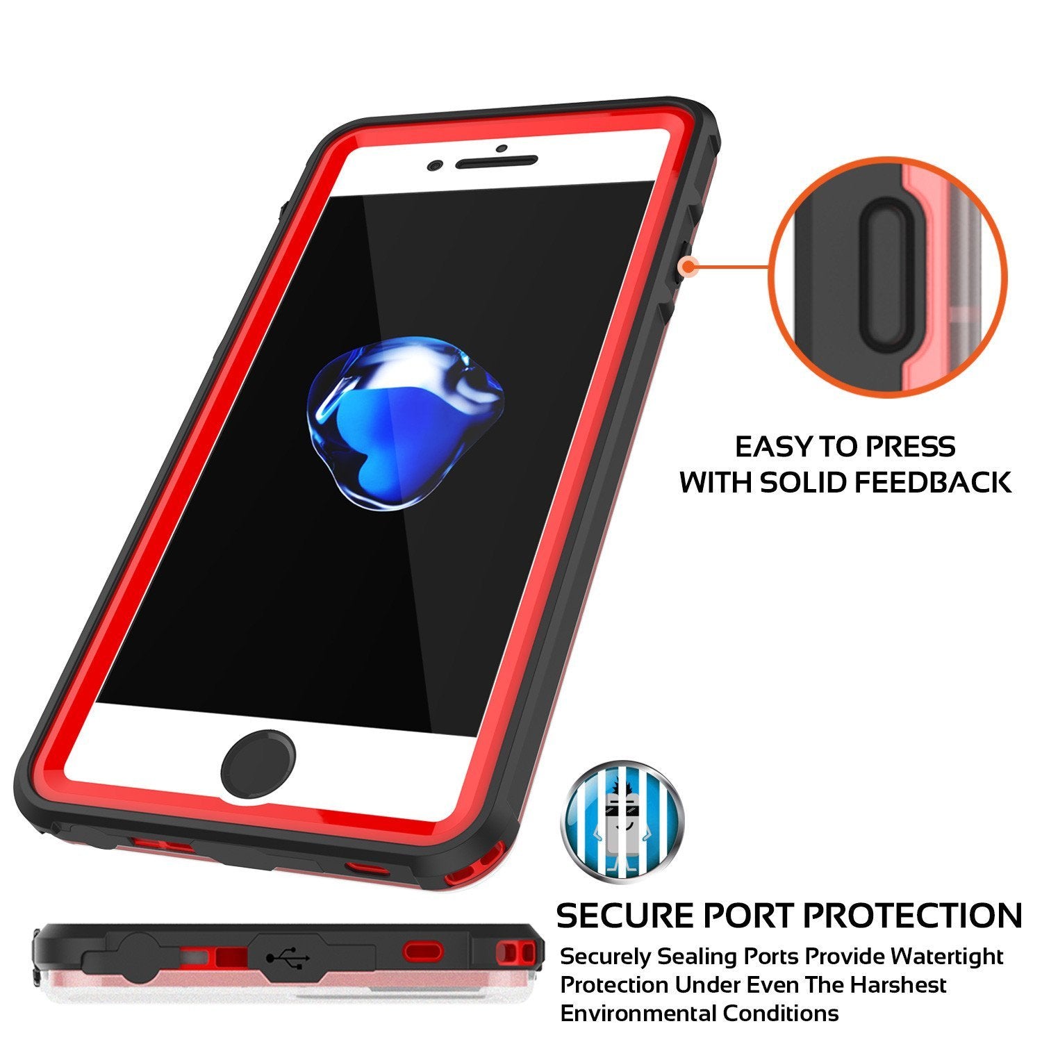 iPhone 8+ Plus Waterproof Case, PUNKcase CRYSTAL Red W/ Attached Screen Protector | Warranty