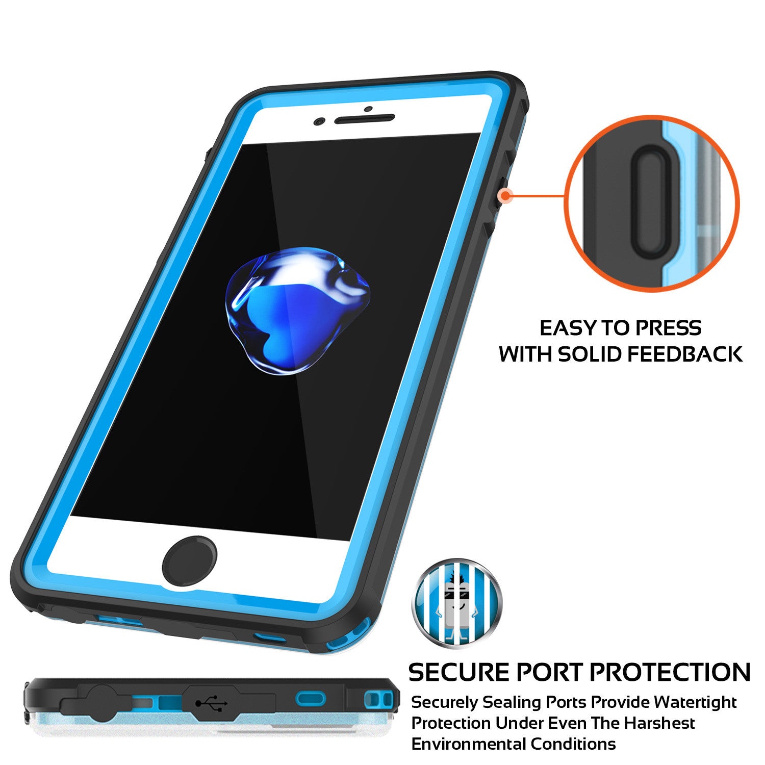 iPhone 7+ Plus Waterproof Case, PUNKcase CRYSTAL Light Blue W/ Attached Screen Protector | Warranty