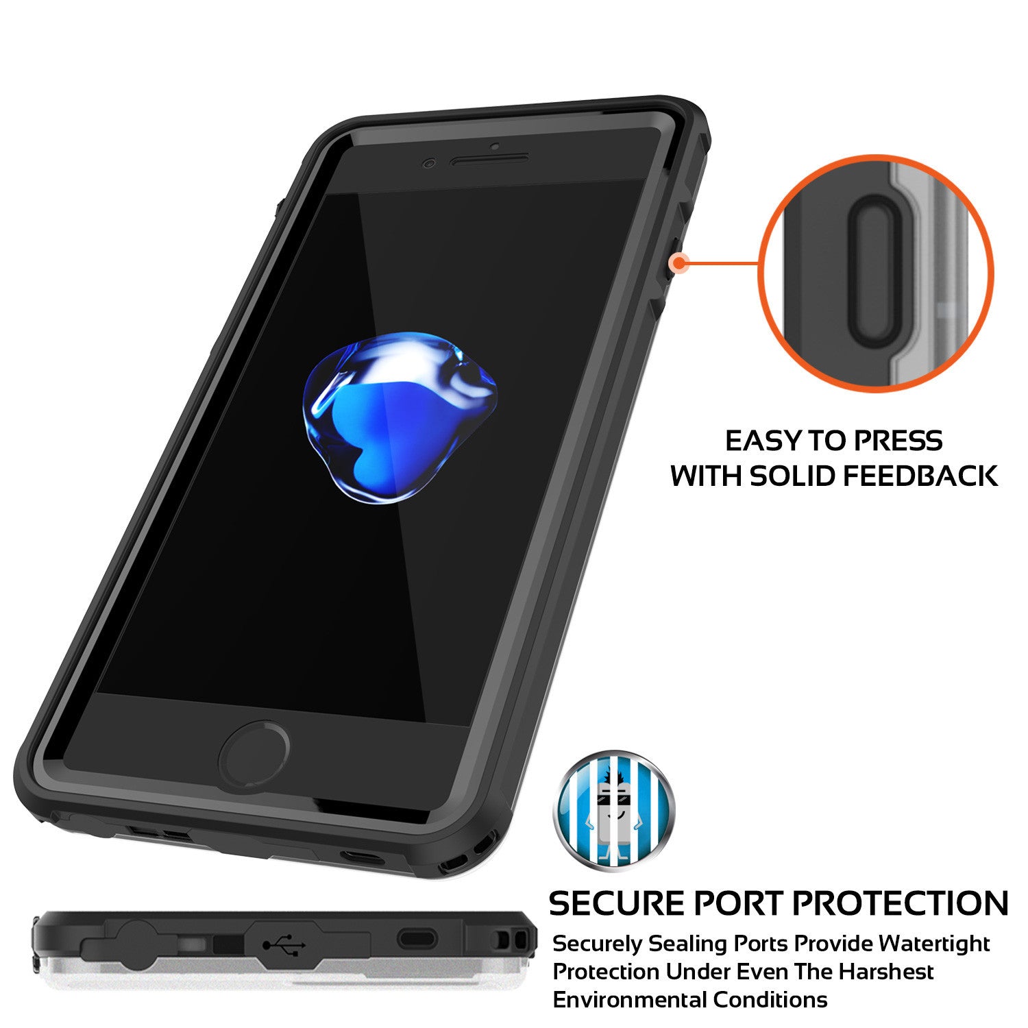 iPhone 7+ Plus Waterproof Case, PUNKcase CRYSTAL Black W/ Attached Screen Protector | Warranty
