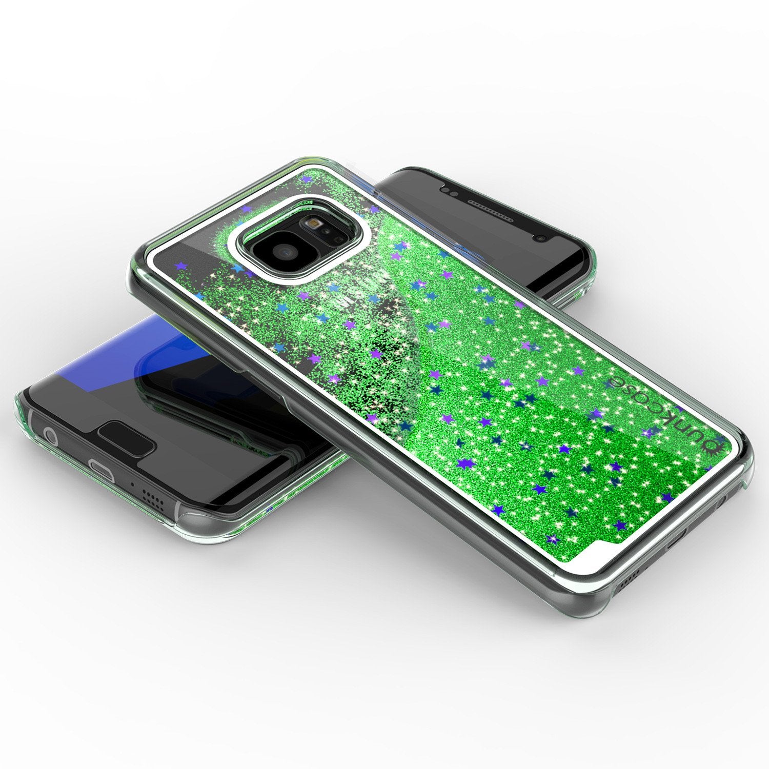 S7 Edge Case, PunkCase LIQUID Green Series, Protective Dual Layer Floating Glitter Cover