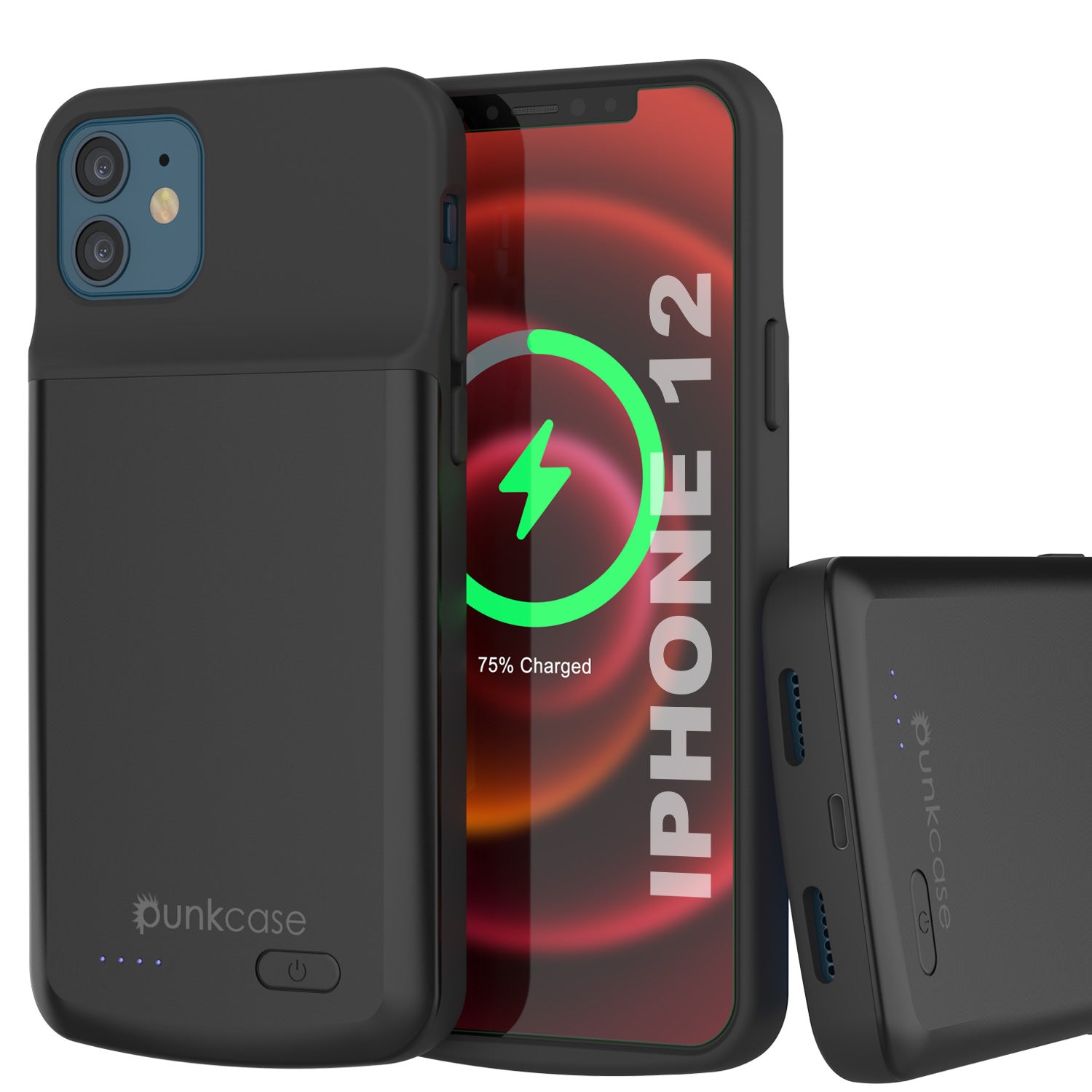 iPhone 12 Battery Case, PunkJuice 4800mAH Fast Charging Power Bank W/ Screen Protector | [Black]