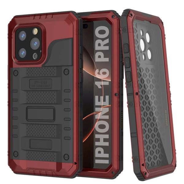 iPhone 16 Pro Metal Extreme 3.0 Series Aluminum Waterproof Case IP68 W/Buillt in Screen Protector & Kickstand [Red]