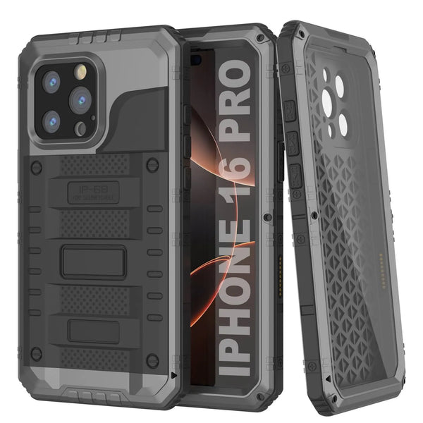 iPhone 16 Pro Metal Extreme 3.0 Series Aluminum Waterproof Case IP68 W/Buillt in Screen Protector & Kickstand [Silver]