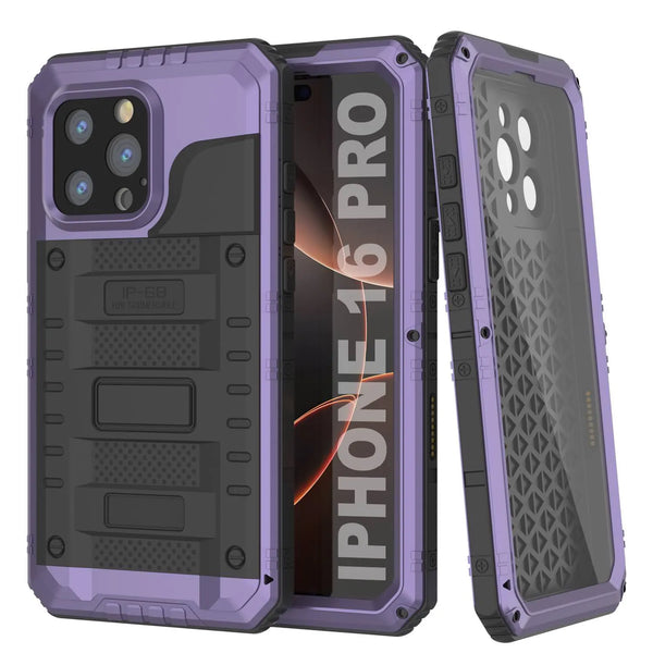 iPhone 16 Pro Metal Extreme 3.0 Series Aluminum Waterproof Case IP68 W/Buillt in Screen Protector & Kickstand [Purple]