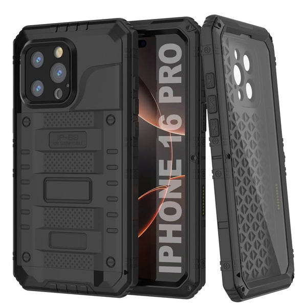 iPhone 16 Pro Metal Extreme 3.0 Series Aluminum Waterproof Case IP68 W/Buillt in Screen Protector & Kickstand [Black]