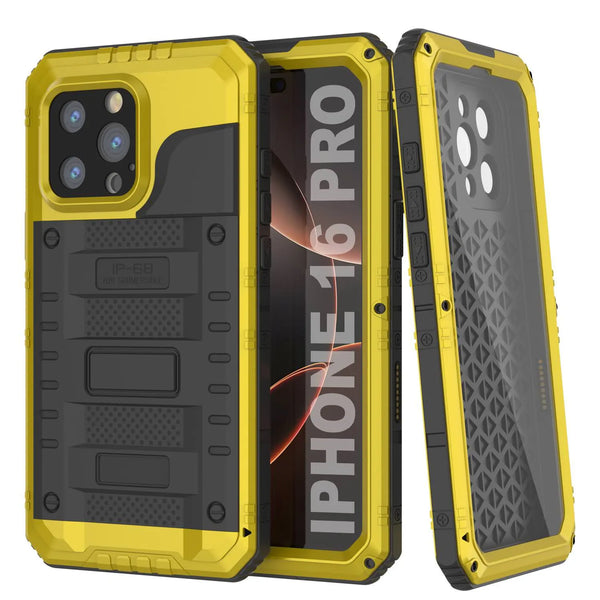 iPhone 16 Pro Metal Extreme 3.0 Series Aluminum Waterproof Case IP68 W/Buillt in Screen Protector & Kickstand [Yellow]