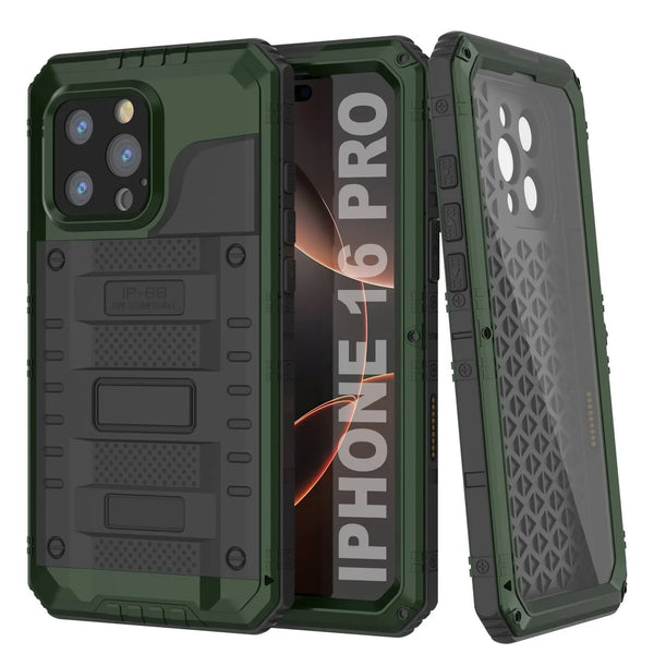 iPhone 16 Pro Metal Extreme 3.0 Series Aluminum Waterproof Case IP68 W/Buillt in Screen Protector & Kickstand [Dark Green]