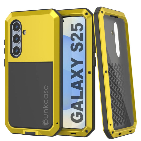 Galaxy S25 Metal Case, Heavy Duty Military Grade Armor Cover [shock proof] Full Body Hard [Yellow]