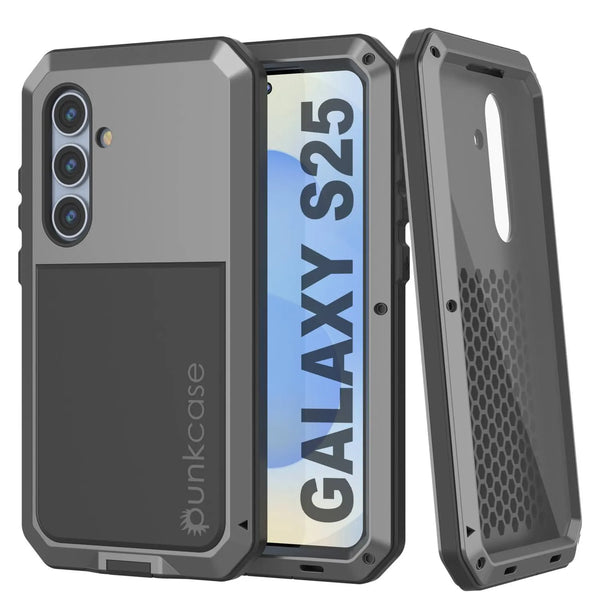 Galaxy S25 Metal Case, Heavy Duty Military Grade Armor Cover [shock proof] Full Body Hard [Silver]