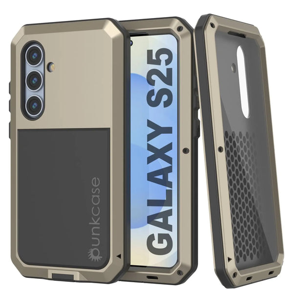 Galaxy S25 Metal Case, Heavy Duty Military Grade Armor Cover [shock proof] Full Body Hard [Gold]