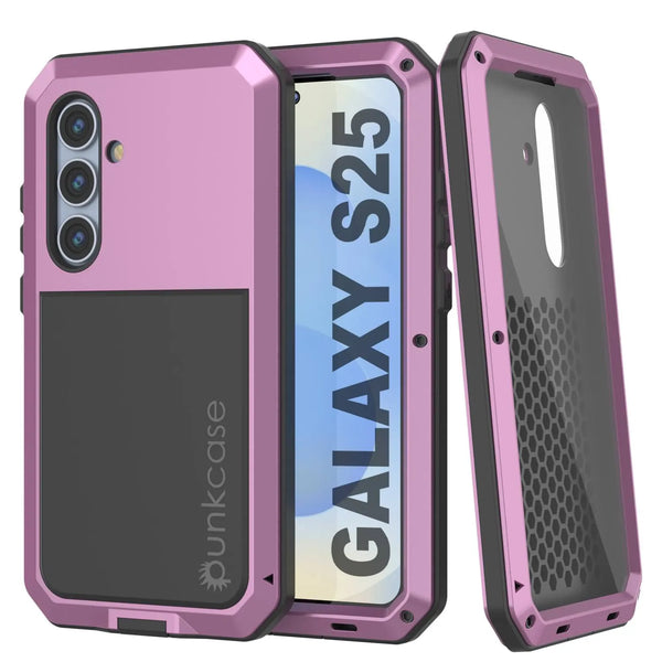 Galaxy S25 Metal Case, Heavy Duty Military Grade Armor Cover [shock proof] Full Body Hard [Pink]