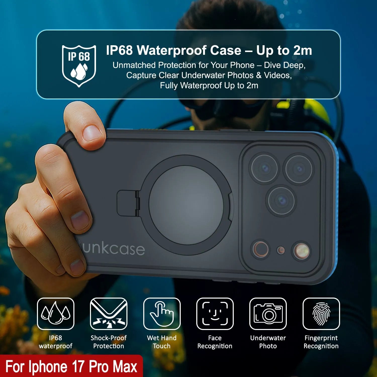 iPhone 17 Pro Max Waterproof Case [Kickstud 2.0 Series] Protective IP68 Cover W/Screen Protector & Kickstand [Blue]