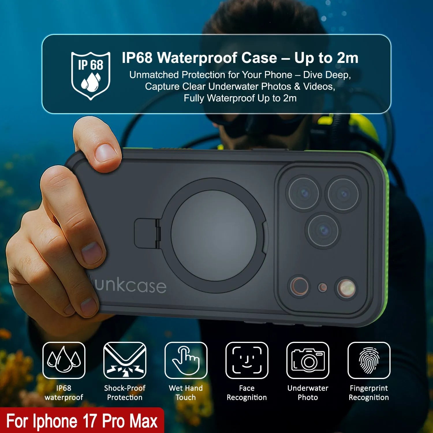 iPhone 17 Pro Max Waterproof Case [Kickstud 2.0 Series] Protective IP68 Cover W/Screen Protector & Kickstand [Green]
