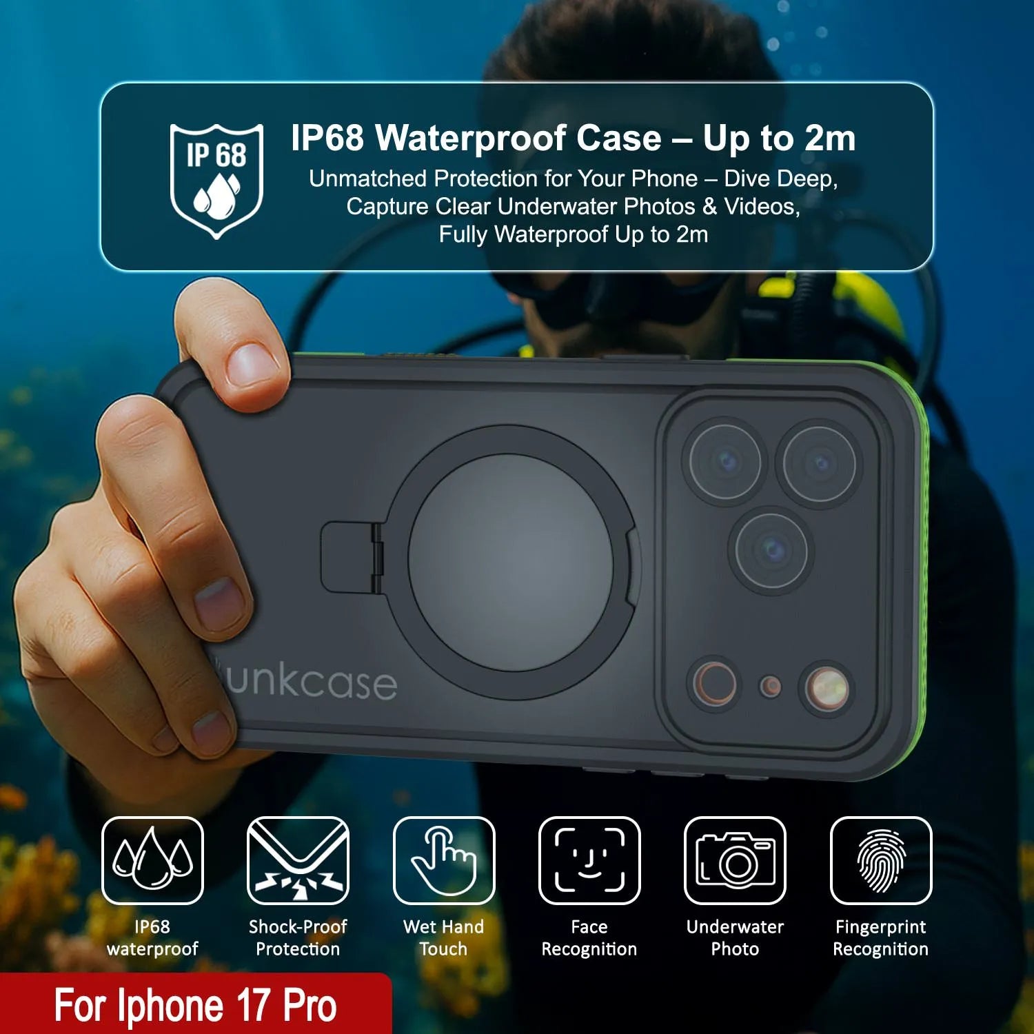 iPhone 17 pro Waterproof Case [Kickstud 2.0 Series] Protective IP68 Cover W/Screen Protector & Kickstand [Green]