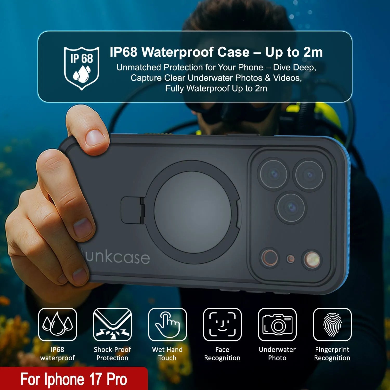 iPhone 17 pro Waterproof Case [Kickstud 2.0 Series] Protective IP68 Cover W/Screen Protector & Kickstand [Blue]