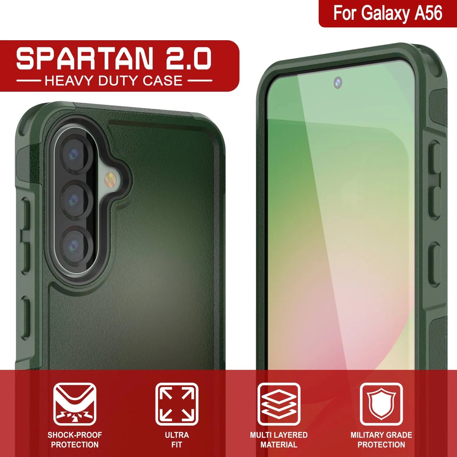 PunkCase Galaxy A56 Case, [Spartan 2.0 Series] Clear Rugged Heavy Duty Cover [Dark Green]