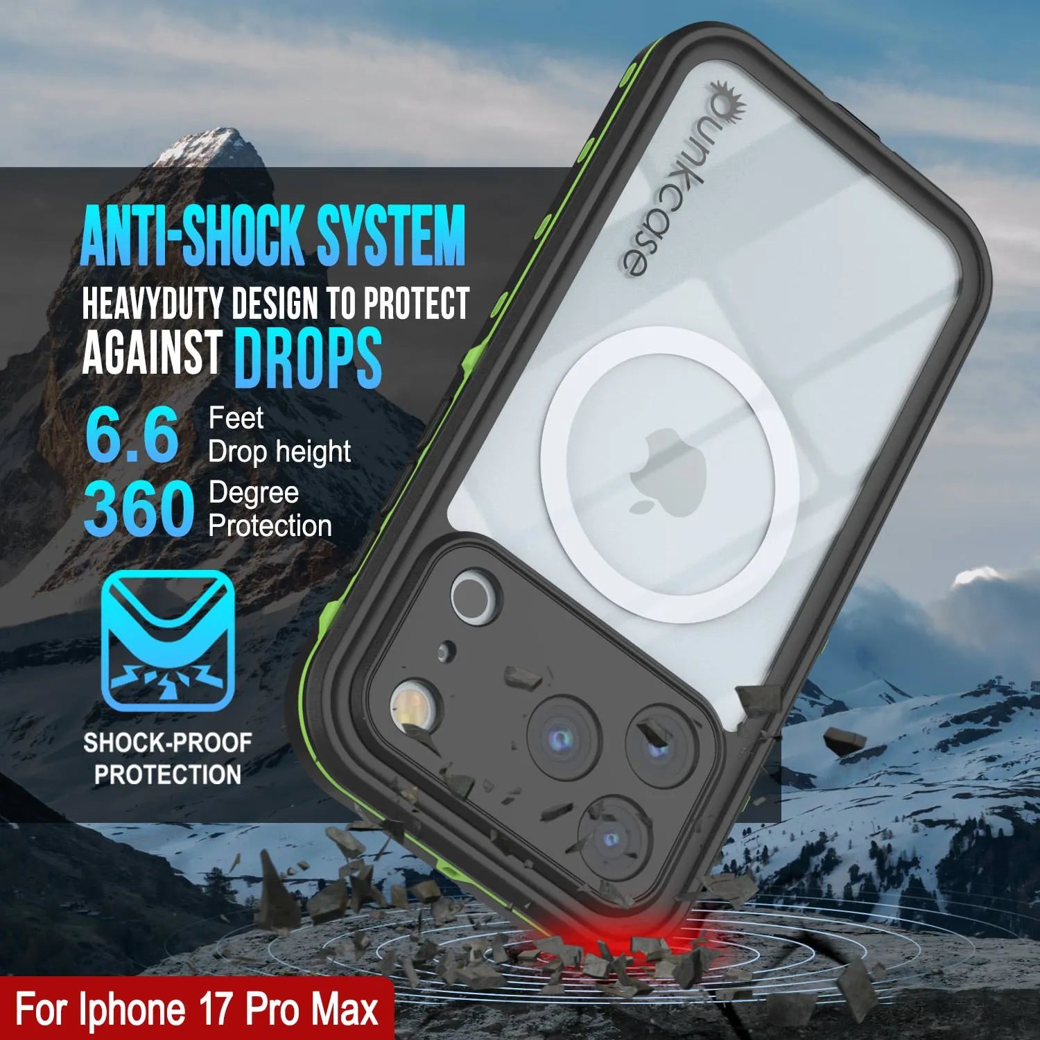 iPhone 17 Pro Max Waterproof IP68 Case, Punkcase [Light green] [StudStar Series] [Slim Fit] [Dirtproof]