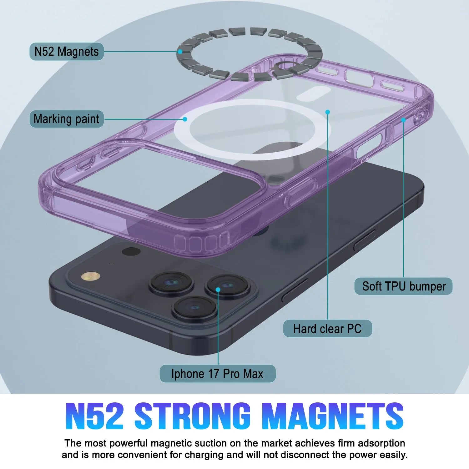 Punkcase iPhone 17 Pro Max Magnetic Wireless Charging Case [ClearMag Series][Purple]