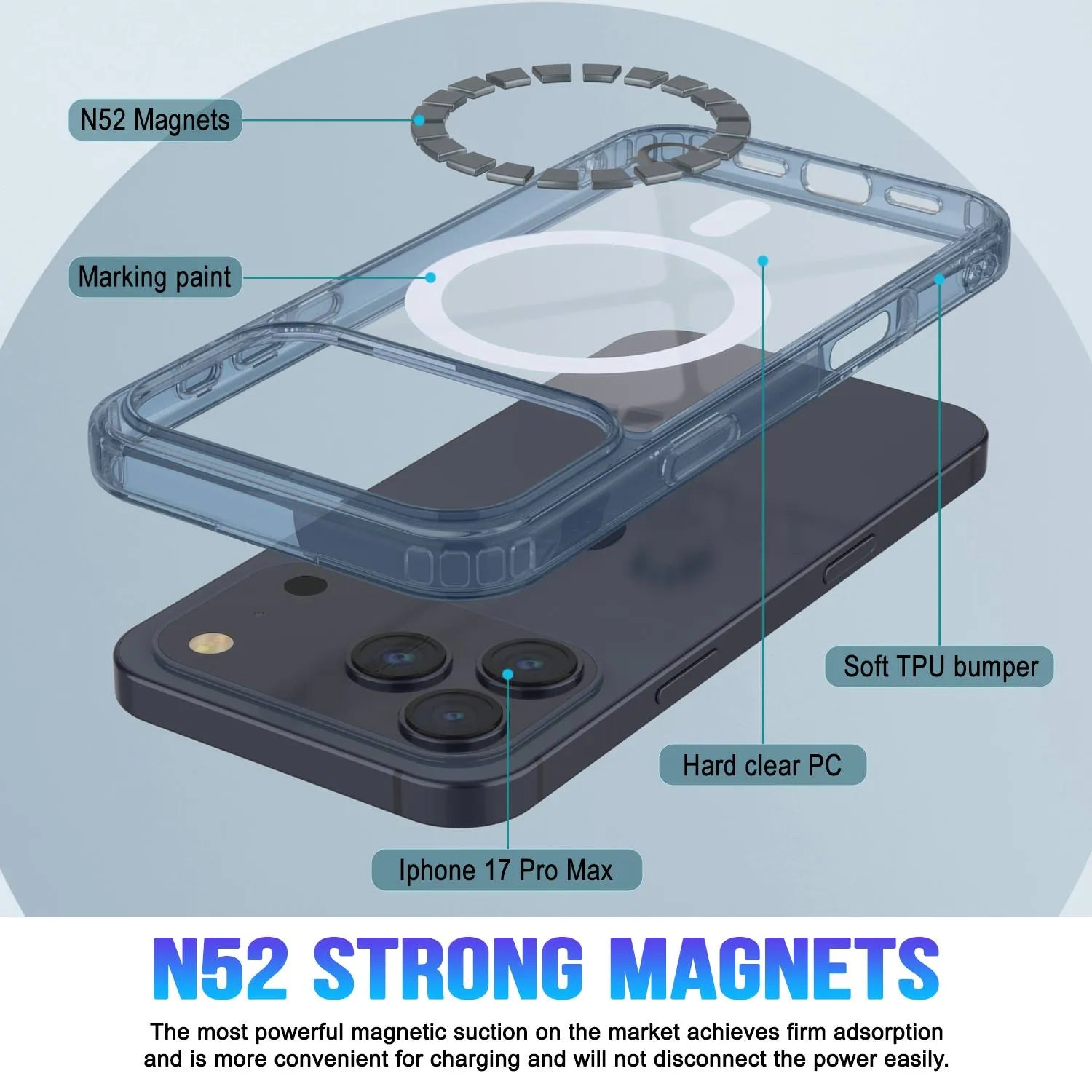 Punkcase iPhone 17 Pro Max Magnetic Wireless Charging Case [ClearMag Series][Navy]