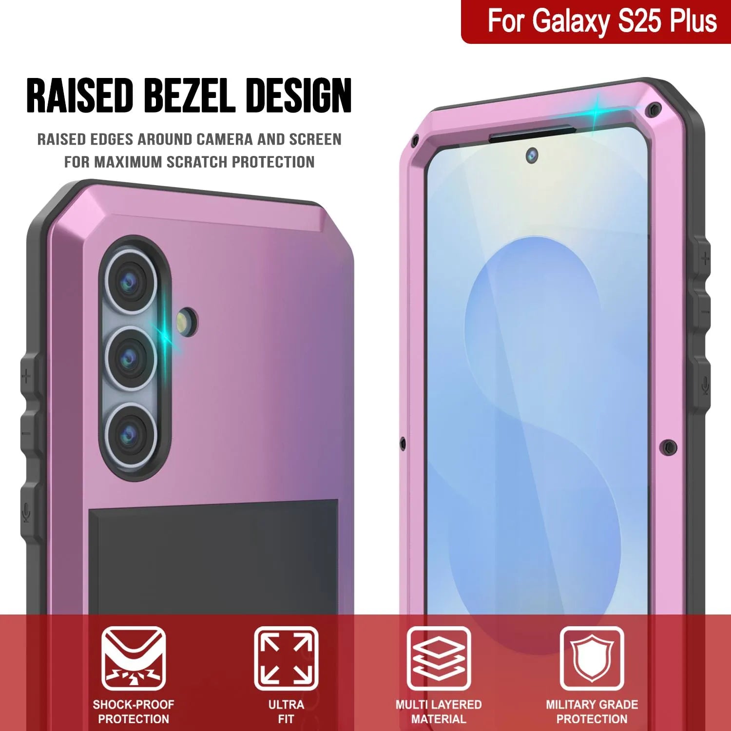 Galaxy S25 Plus Metal Case, Heavy Duty Military Grade Armor Cover [shock proof] Full Body Hard [Pink]