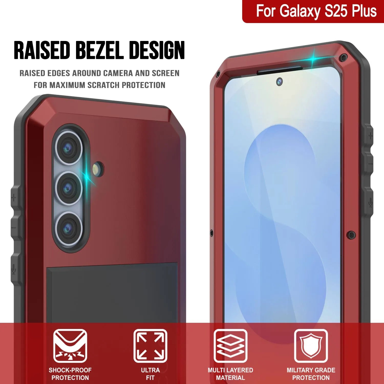 Galaxy S25 Plus Metal Case, Heavy Duty Military Grade Armor Cover [shock proof] Full Body Hard [Red]