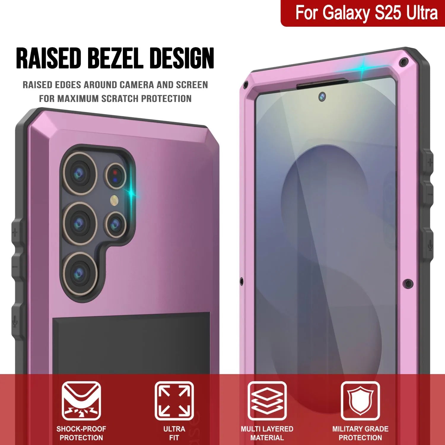 Galaxy S25 Ultra Metal Case, Heavy Duty Military Grade Armor Cover [shock proof] Full Body Hard [Pink]