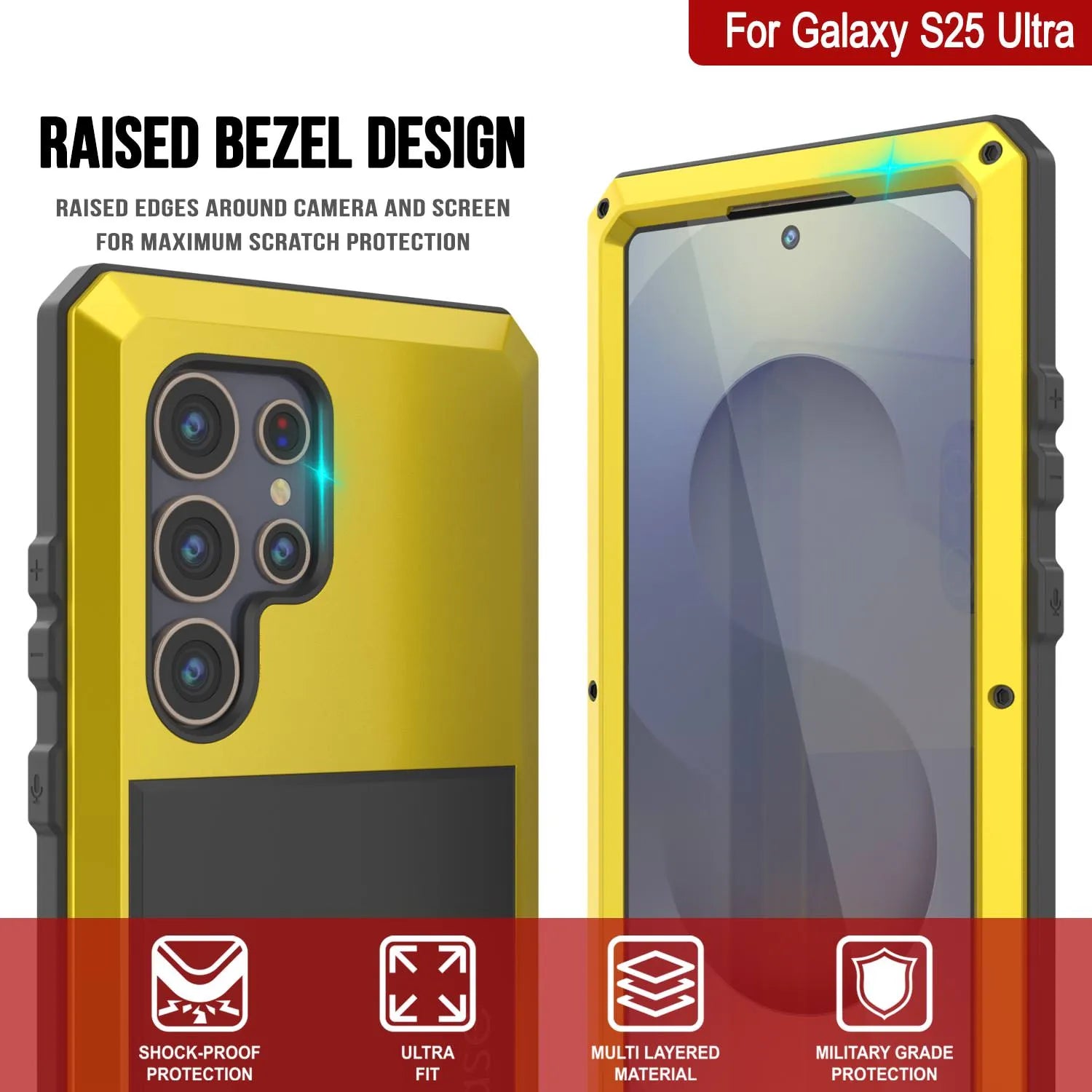 Galaxy S25 Ultra Metal Case, Heavy Duty Military Grade Armor Cover [shock proof] Full Body Hard [Yellow]