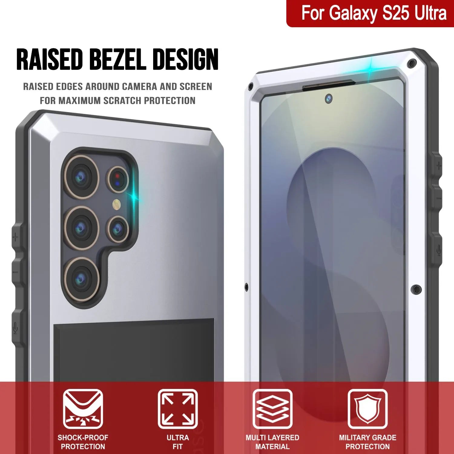 Galaxy S25 Ultra Metal Case, Heavy Duty Military Grade Armor Cover [shock proof] Full Body Hard [White]