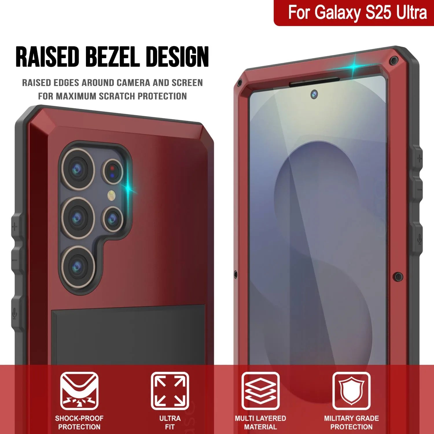 Galaxy S25 Ultra Metal Case, Heavy Duty Military Grade Armor Cover [shock proof] Full Body Hard [Red]