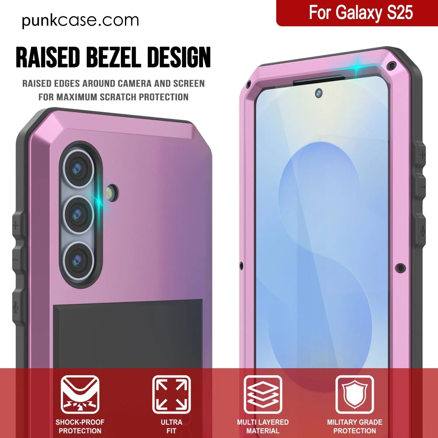 Galaxy S25 Metal Case, Heavy Duty Military Grade Armor Cover [shock proof] Full Body Hard [Pink]