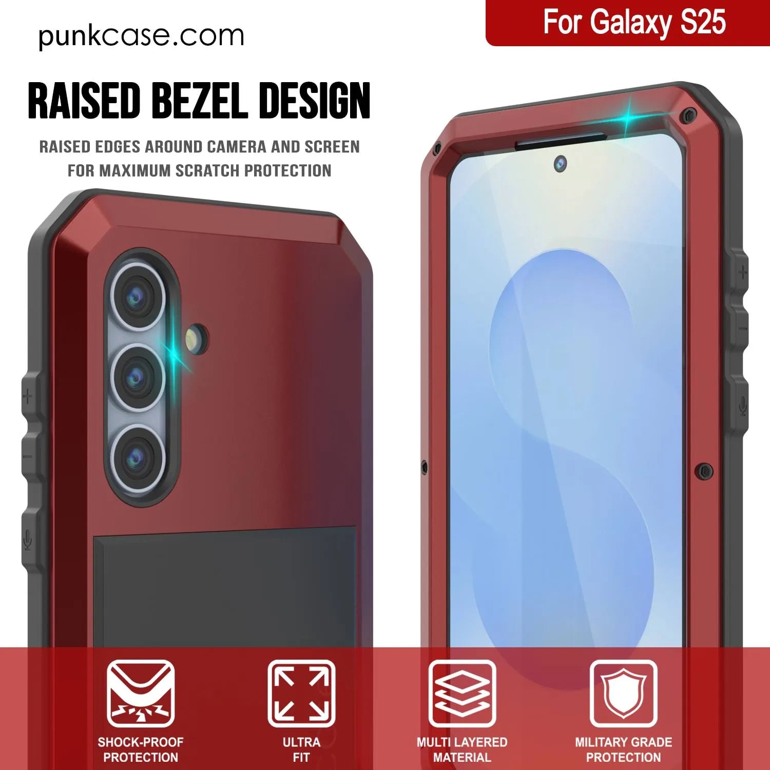 Galaxy S25 Metal Case, Heavy Duty Military Grade Armor Cover [shock proof] Full Body Hard [Red]