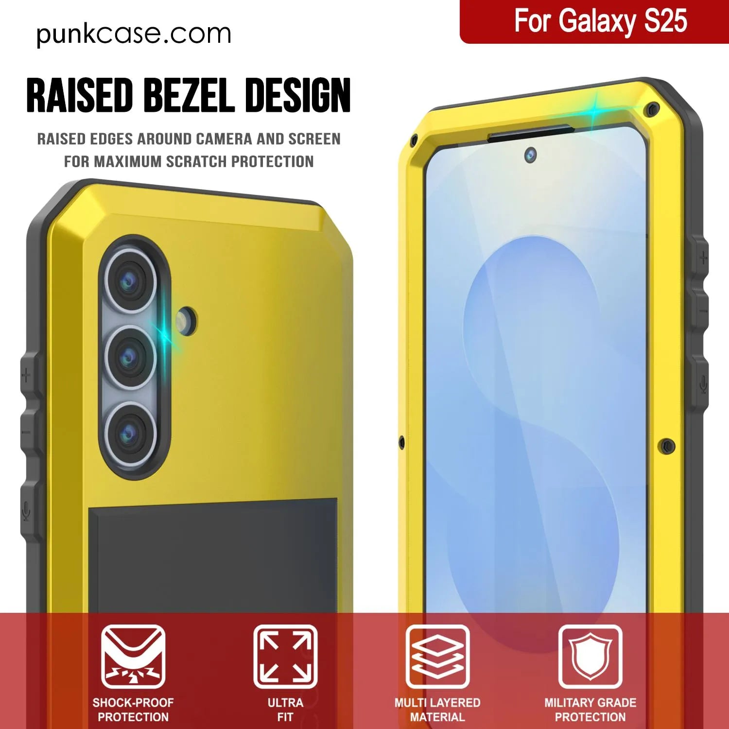 Galaxy S25 Metal Case, Heavy Duty Military Grade Armor Cover [shock proof] Full Body Hard [Yellow]