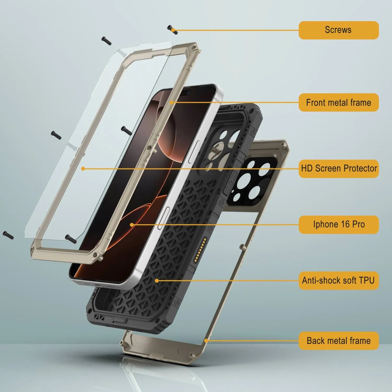 iPhone 16 Pro Metal Extreme 3.0 Series Aluminum Waterproof Case IP68 W/Buillt in Screen Protector & Kickstand [Gold]