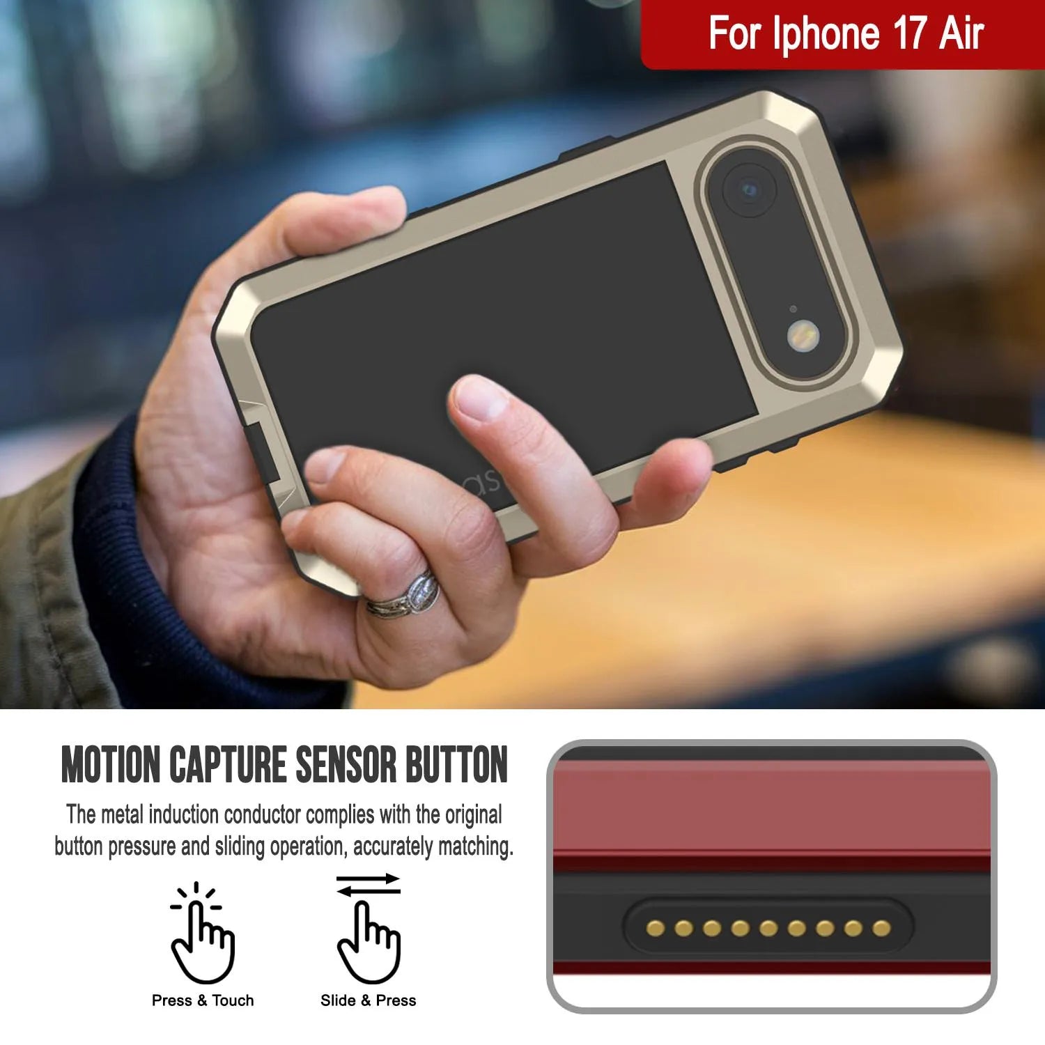 iPhone 17 Air Metal Case, Heavy Duty Military Grade Armor Cover [shock proof] Full Body Hard [Gold]