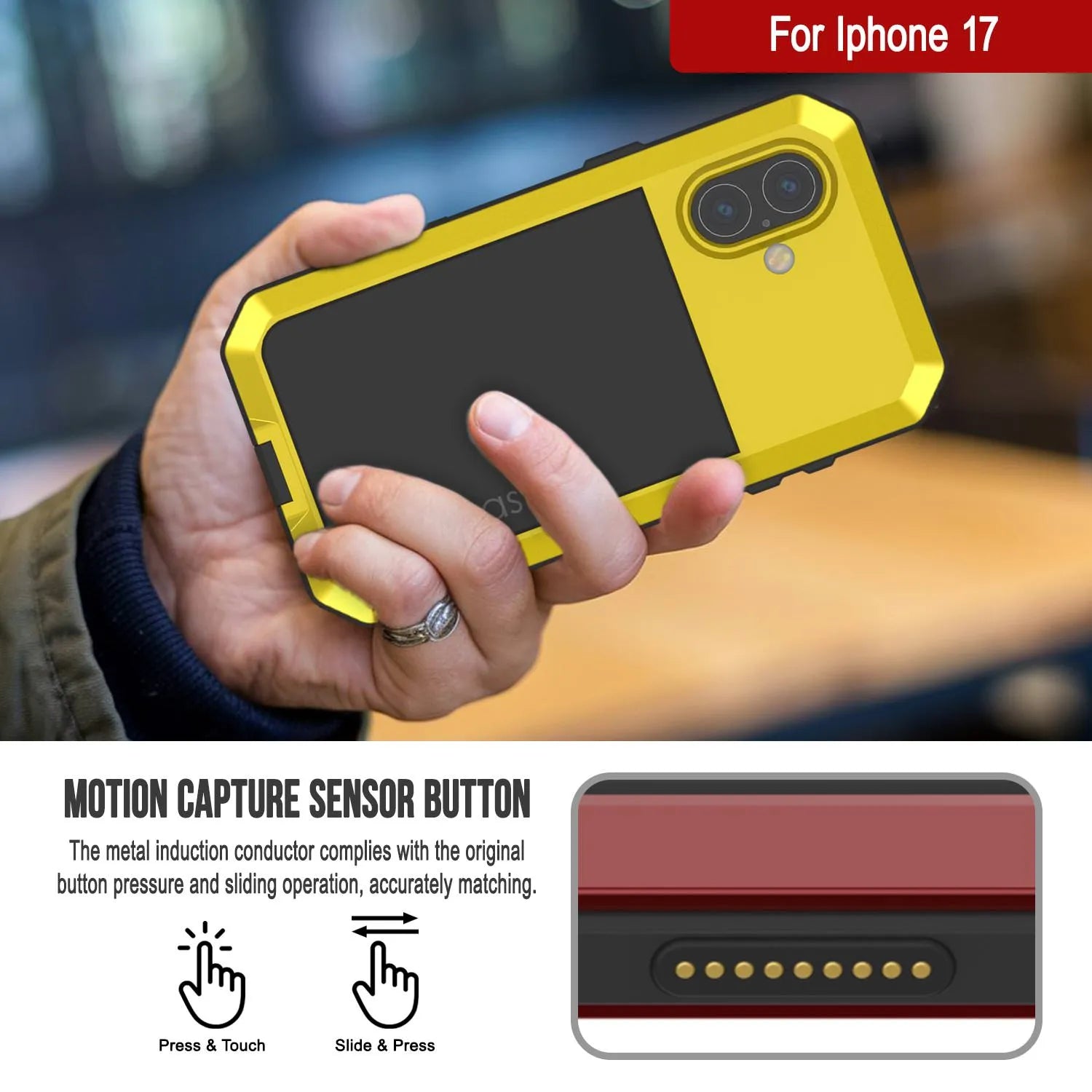 iPhone 17 Metal Case, Heavy Duty Military Grade Armor Cover [shock proof] Full Body Hard [Yellow]