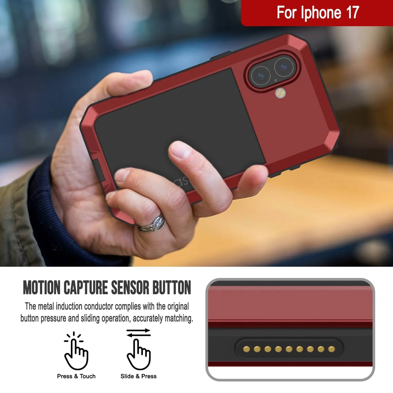 iPhone 17 Metal Case, Heavy Duty Military Grade Armor Cover [shock proof] Full Body Hard [Red]