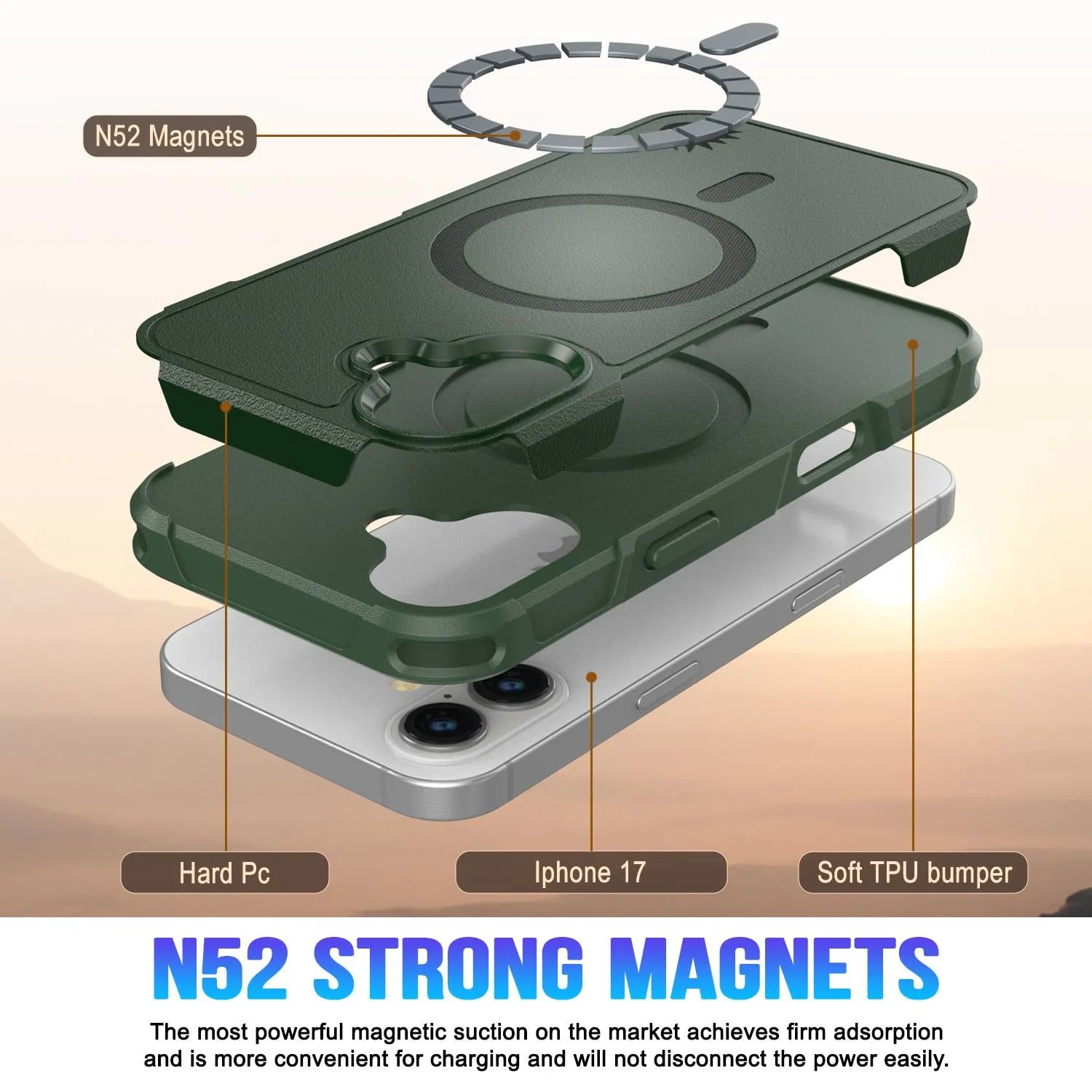 PunkCase iPhone 17 Case, [Spartan 2.0 Series] Clear Rugged Heavy Duty Cover W/Built in Screen Protector [dark green]