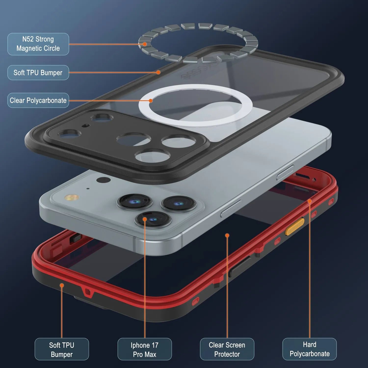 iPhone 17 Pro Max Waterproof IP68 Case, Punkcase [Red] [StudStar Series] [Slim Fit]