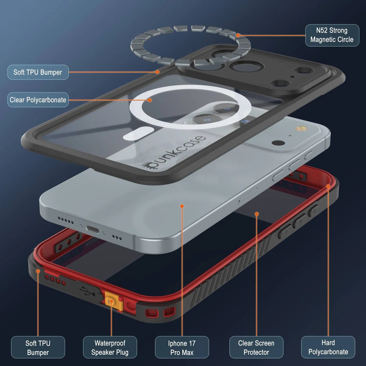 iPhone 17 Pro Max Waterproof Case, Punkcase [Extreme Series] Armor Cover W/ Built In Screen Protector [Red]