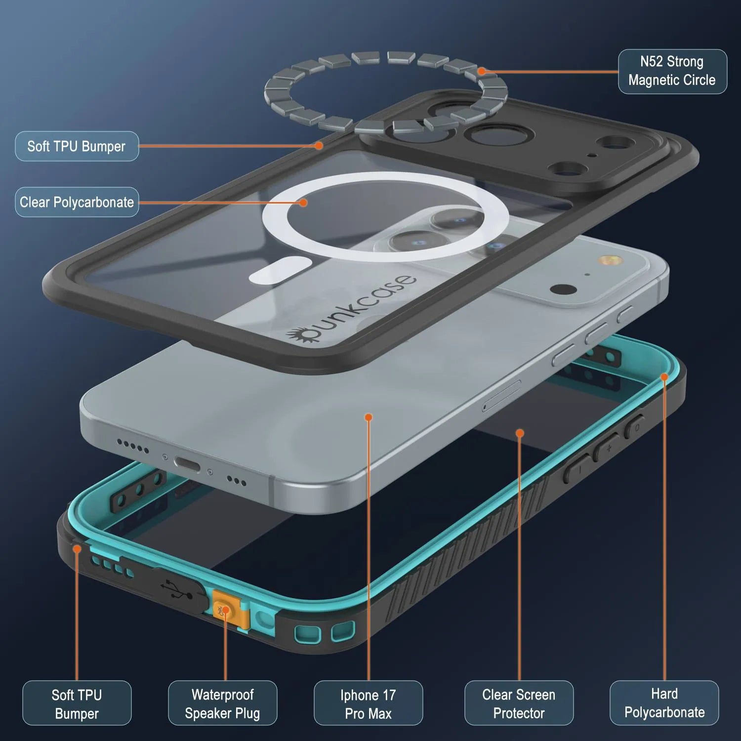 iPhone 17 Pro Max Waterproof Case, Punkcase [Extreme Series] Armor Cover W/ Built In Screen Protector [Teal]