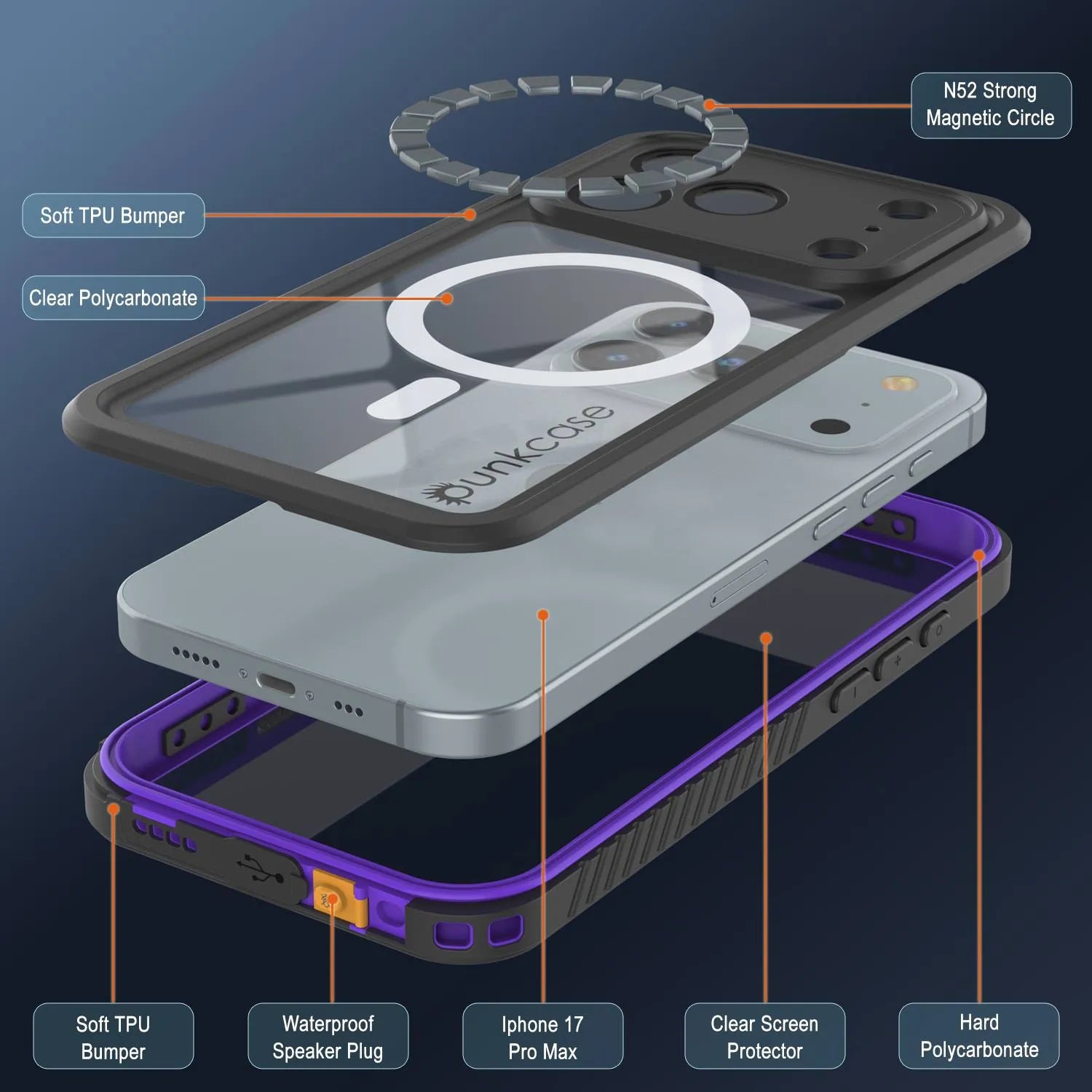 iPhone 17 Pro Max Waterproof Case, Punkcase [Extreme Series] Armor Cover W/ Built In Screen Protector [Purple]