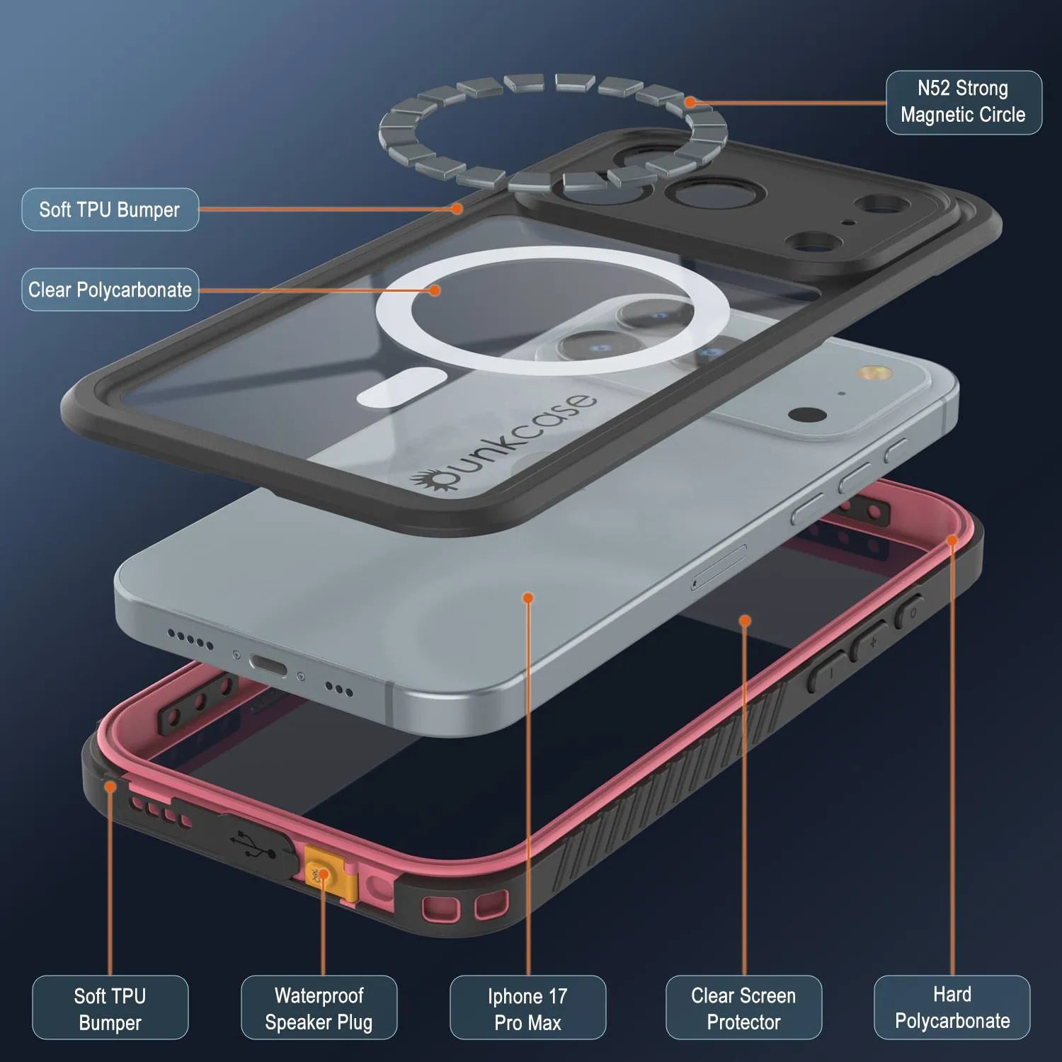 iPhone 17 Pro Max Waterproof Case, Punkcase [Extreme Series] Armor Cover W/ Built In Screen Protector [Pink]