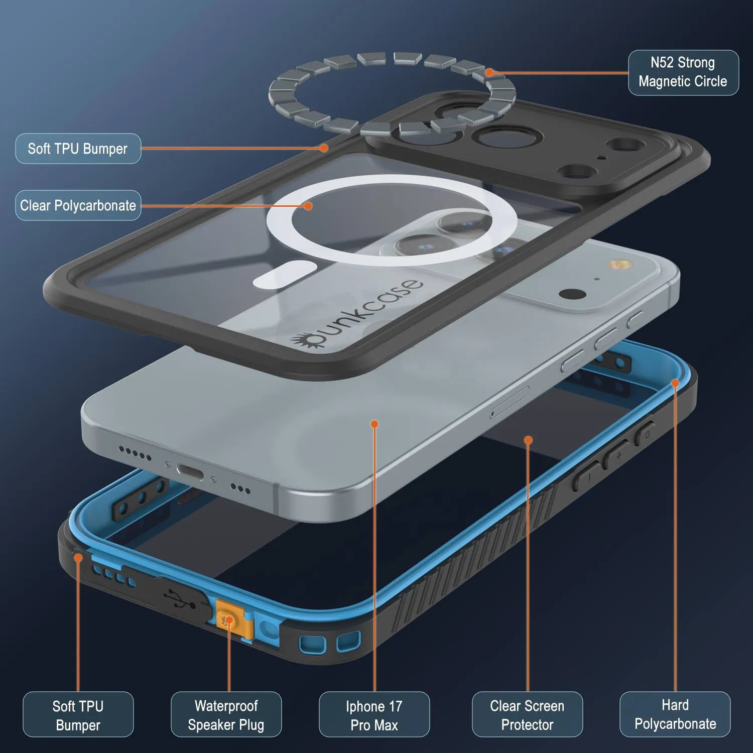 Products iPhone 17 Pro Max Waterproof Case, Punkcase [Extreme Series] Armor Cover W/ Built In Screen Protector [Light Blue]
