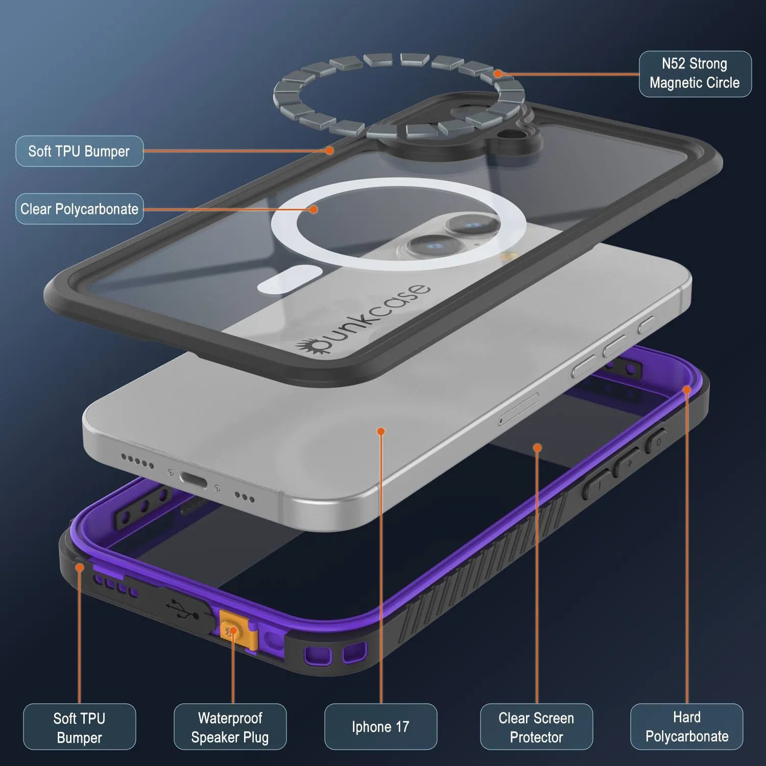iPhone 17  Waterproof Case, Punkcase [Extreme Mag Series] Armor Cover W/ Built In Screen Protector [Purple]