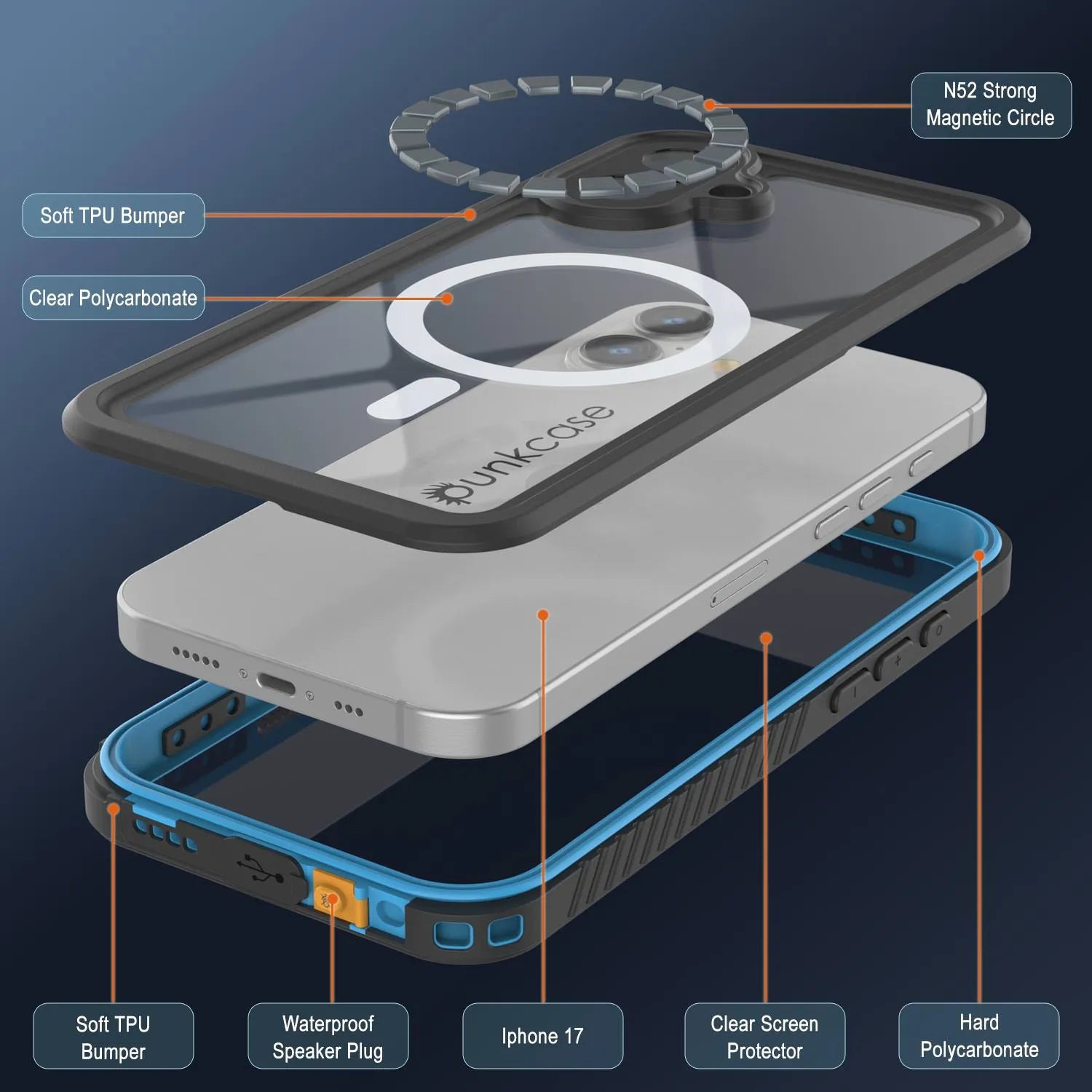 iPhone 17 Waterproof Case, Punkcase [Extreme Series] Armor Cover W/ Built In Screen Protector [Light Blue]