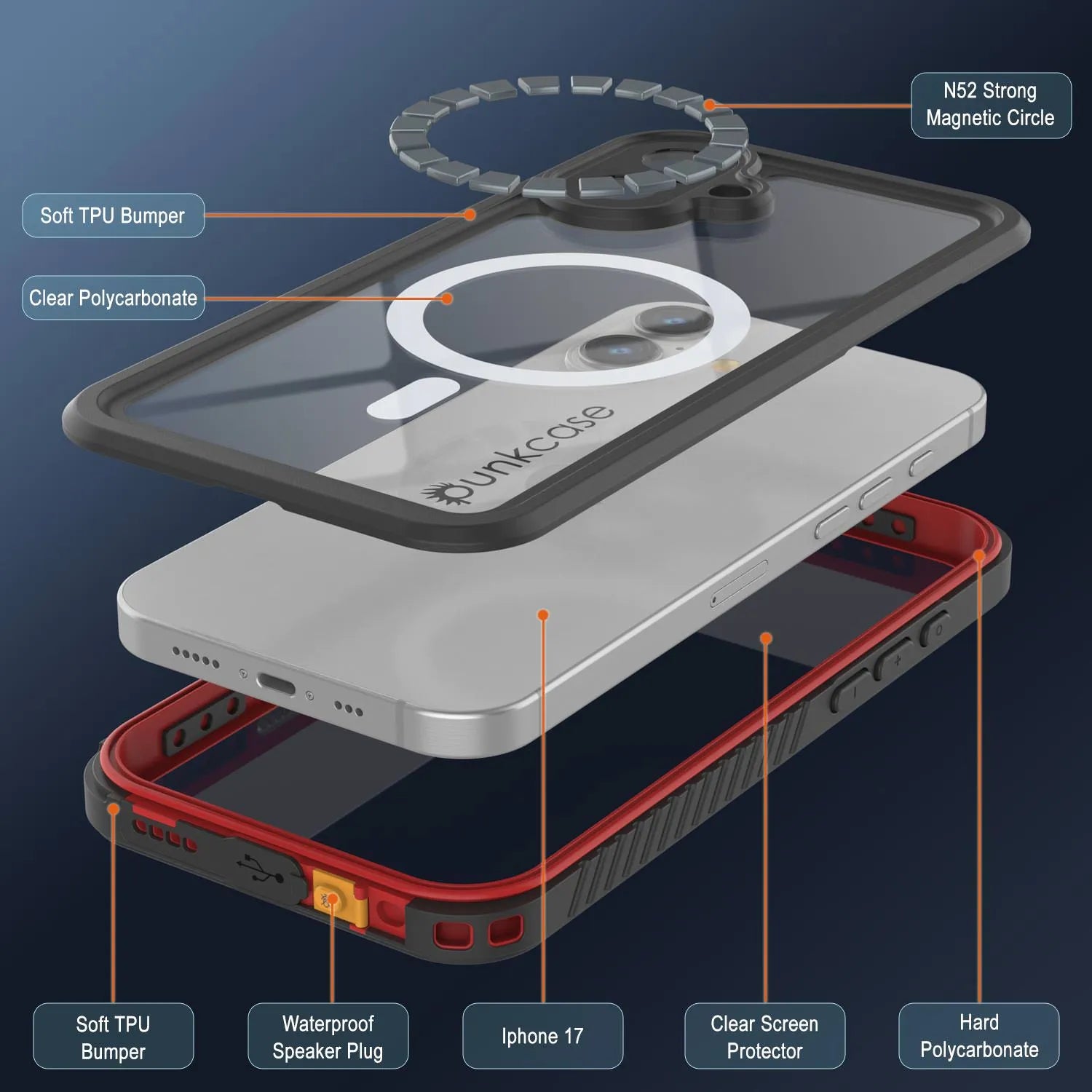 iPhone 17  Waterproof Case, Punkcase [Extreme Mag Series] Armor Cover W/ Built In Screen Protector [Red]