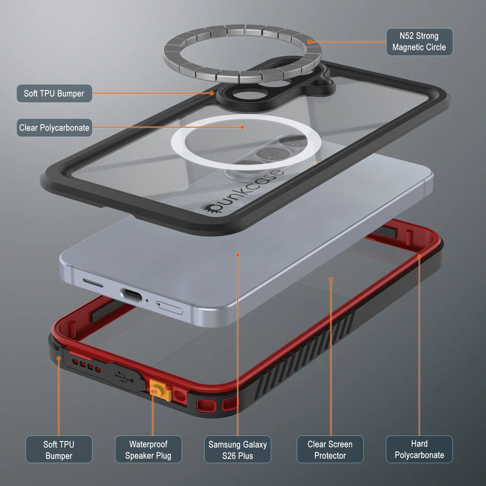 Galaxy S26 Plus Waterproof Case, Punkcase [Extreme Mag Series] Armor Cover W/ Built In Screen Protector [Red]