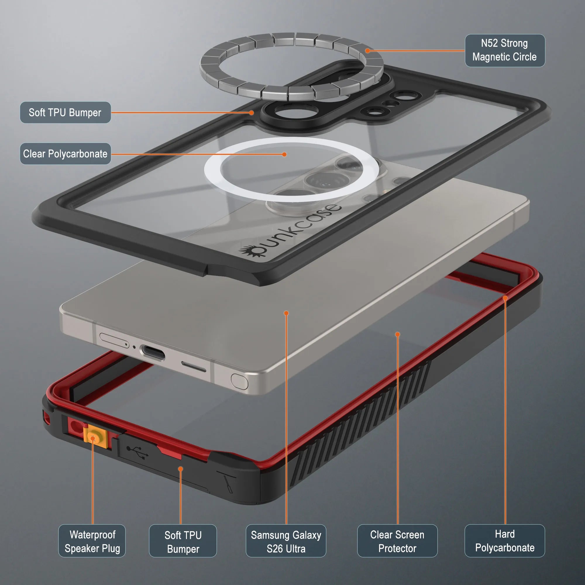 Galaxy S26 Ultra Waterproof Case, Punkcase [Extreme Mag Series] Armor Cover W/ Built In Screen Protector [Red]