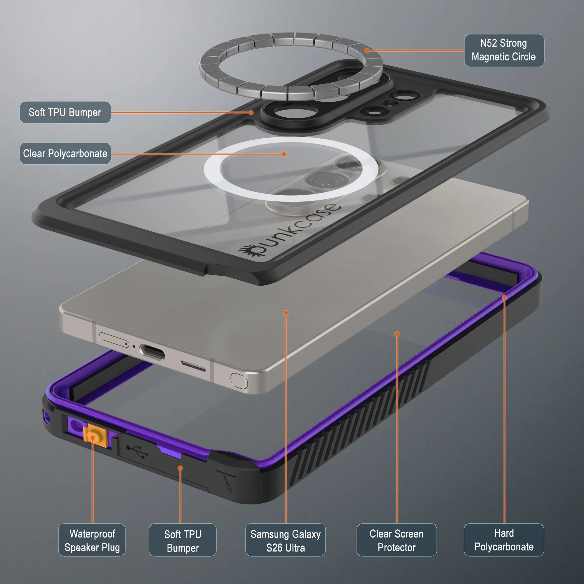Galaxy S26 Ultra Waterproof Case, Punkcase [Extreme Mag Series] Armor Cover W/ Built In Screen Protector [Grey]